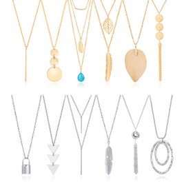 Fecsiory 12 Pcs Long Pendant Necklace for Women, Gold Plated Bar Feather Triangle Leaf Lock Tassel Y Necklace Jewelry Set