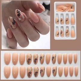 Press On Nails Almond Fake Nails Nude Twig Acrylic Nail With Glossy Shiny Design Press On Nails Kit Artificial Fake Nails Golden Stripes Stick On Nails Press On Nails For Women 24pcs