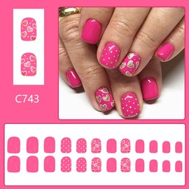 Pink Press on Nails Short Square Fake Nails Cute Nails Press ons with Gold Heart Print Designs Acrylic Nails Full Cover Glue on Nails Stick on Nails for Women Manicure 24 Pcs