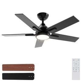 Sevenine 42 Inch Ceiling Fans with Lights and Remote, Black Ceiling Fan with 5 Balde for Outdoor/Bedroom Living Room, Downrod, 6 Speed Reversible DC Motor, 3CCT Dimmable Timer Noiseless, ETL Listed