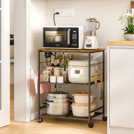 ThreeHio Kitchen Storage Carts with Power Outlet, 3 Tier Microwave Table Stand with Storage, Kitchen Utility Cart on Lockable Wheels, Small Coffee Cart Shelf Rack Organizer for Living Room Office