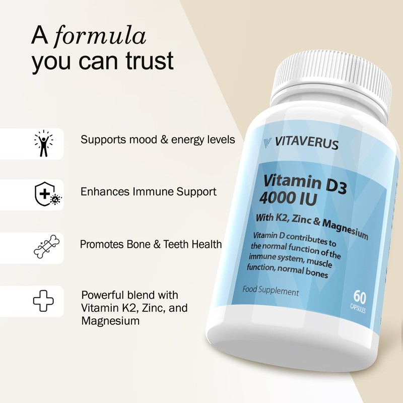 VITAVERUS Vitamin D3 4000 IU Supplement, with K2, Zinc &