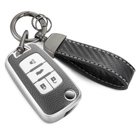 CTRINEWS for Chevy Key Fob Cover with Carbon Fiber Style Belt Keychain,Upgraded TPU Surface Grain Key Case for Cruze Equinox Malibu Sonic Trax Impala Cruze (4 Buttons) (Silver,A2)