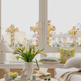 Alwayspon Double Sided Reusable Easter Window Clings Stickers, Religious Cross Watercolor Window Decals for Kids Home Shop Decor and Spring Decoration