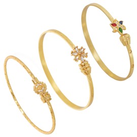 Touchstone New Indian Bollywood Handcrafted Engraved Etched Floral Round Rhinestone Marquise Cubic Zirconia CZ Designer Jewelry Openable Elegant Gold Plated Bracelets. Set of 3. for Women.