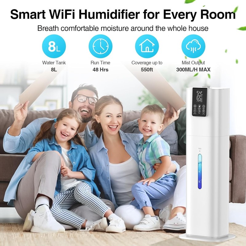 8L/2.1 Gal Smart Humidifier Large Room, Top Fill Cool Mist