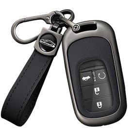 Ysbxitu 2/3/4/5 Buttons Zinc Alloy and Leather Smart Key Fob Cover with Keychain Remote Key Shell Case Compatible with Honda Civic Accord Pilot CRV HRV CRZ Key Sleeve Key Holder-Long Keychain Black