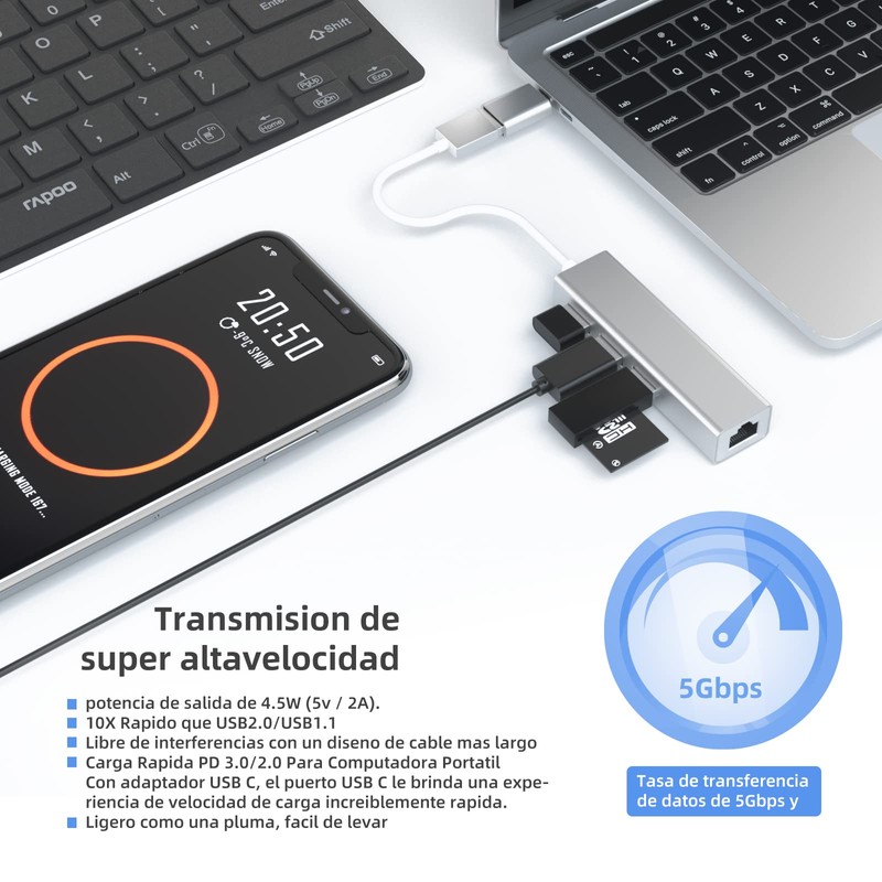 (con Adaptador USB C) 4 En 1 Adaptador USB Ethernet,