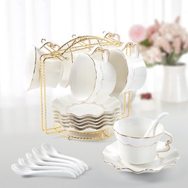 DUJUST Tea Cups and Saucers with Golden Trim,Set of 6 (7 OZ), Luxury Relief Printing Coffee Cups with Metal Stand, British Royal Porcelain Tea Party Set - White