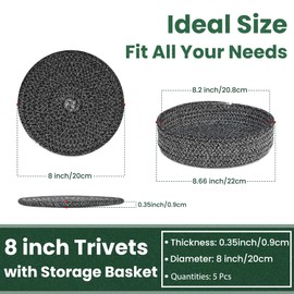 KITLAB 8 Inch Trivets for Hot Dishes, Hot Pots and Pans, Thick Heat Resistant Large Coaster for Kitchen, Hot Pads, Kitchen Essentials, Kitchen Decor for Table & Countertop with Storage Basket, 5 Pcs