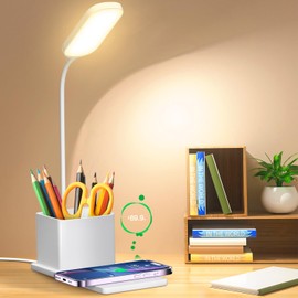Lampara de Escritorio, Luz de lectura Carga Tipo C con Cargador Inalámbrico con 3 Niveles de Iluminación, Operación Táctil y 360° Rotación para Lectura, Trabajar, Recamara