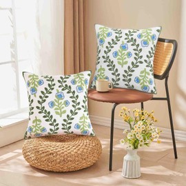 YEARSTAR Pack of 2 Embroidered Decorative Throw Pillow Covers Farmhouse Floral Pillowcase for Living Room Couch Sofa Bed, 18x18 Inch