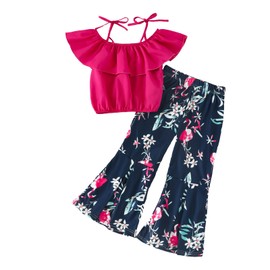 Waghao Fashion Little Girl's 2 Piece Clothes Set Summer Toddler Teen Girls Outfits Garments Ruffle Trim T-Shirt Top and Floral Flare Long Bell Bottoms Pants (bell-bottoms 6T)