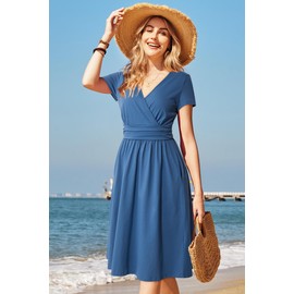 OUGES Women's 2024 Summer Short Sleeve V-Neck Wrap Casual Party Dress with Pockets Summer Dress 2024(Gray Blue,L)