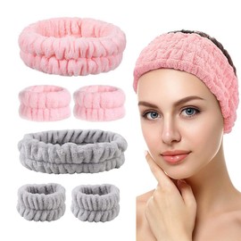EODKSE Set of 6 Spa Face and Wrist Bands: Soft Hair Band and Elastic Sweatband with Fluffy Headband in Grey and Pink for Women and Girls
