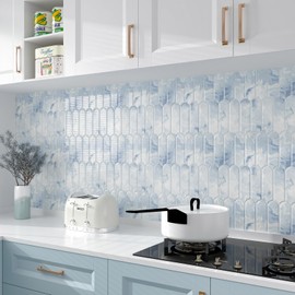 CHIHUT 6 Sheets Blue and White Marble Gradient Picket Shaped Peel and Stick Backsplash Tiles Waterproof Self Adhesive Stick on Backsplash Tiles for Kitchen Bathroom Backsplashes 12’’x12’’ Wall Tile