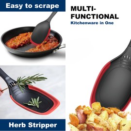 Multi-Functional Silicone Edge Cooking Spoon with Herb Stripper & Engraved Measurements – Heat Resistant, Dishwasher Safe, Non-Scratch Cookware Spoon, Red
