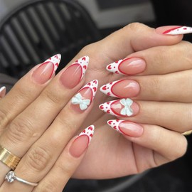 Glossy Red Curve Line Medium Almond Fake Nails Valentines Press on Nail 24 Pcs Red Love Heart Stick on Nails Bow Tie Acrylic False Nails Romantic Valentines Gel Glue on Nails for Women Girls