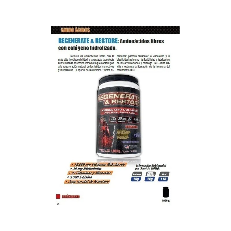 Colágeno Hidrolizado Regenerate & Restore 1,000gr Hialurónic Sabor Arándano