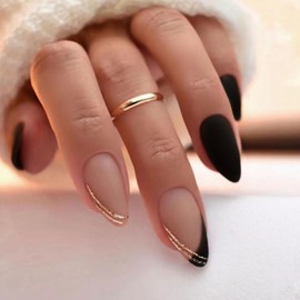 Almond Press on Nails Medium Long Fake Nails with Lines Designs Black & Nude Full Cover Glue on Nails Matte False Nails Press ons for Women Acrylic Stick on Nails 24 Pcs