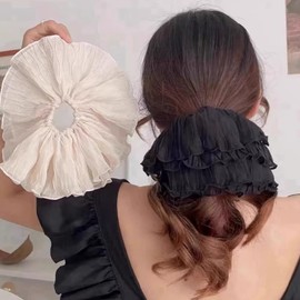 Jseng 2PCS Extra Large Scrunchies for Hair, Korea Lace Hair Ties, Beige and Black