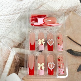 Press on Nails Long Square Artificial False Nails with Strawberry Pattern and Bow Tie Pearl Design Cute French Acrylic Nails Full Cover Reusable Coffin Fake Nails Glue on Nails for Women 24Pcs