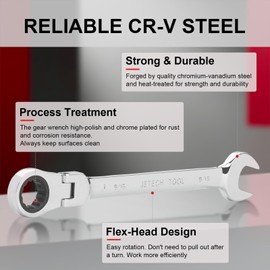 Jetech9/16 Inch Flexible Head Gear Wrench, Industrial Grade Ratcheting Combination Spanner, Forged, Heat-Treated Cr-V Alloy Steel, Full Polished 12 Point, SAE
