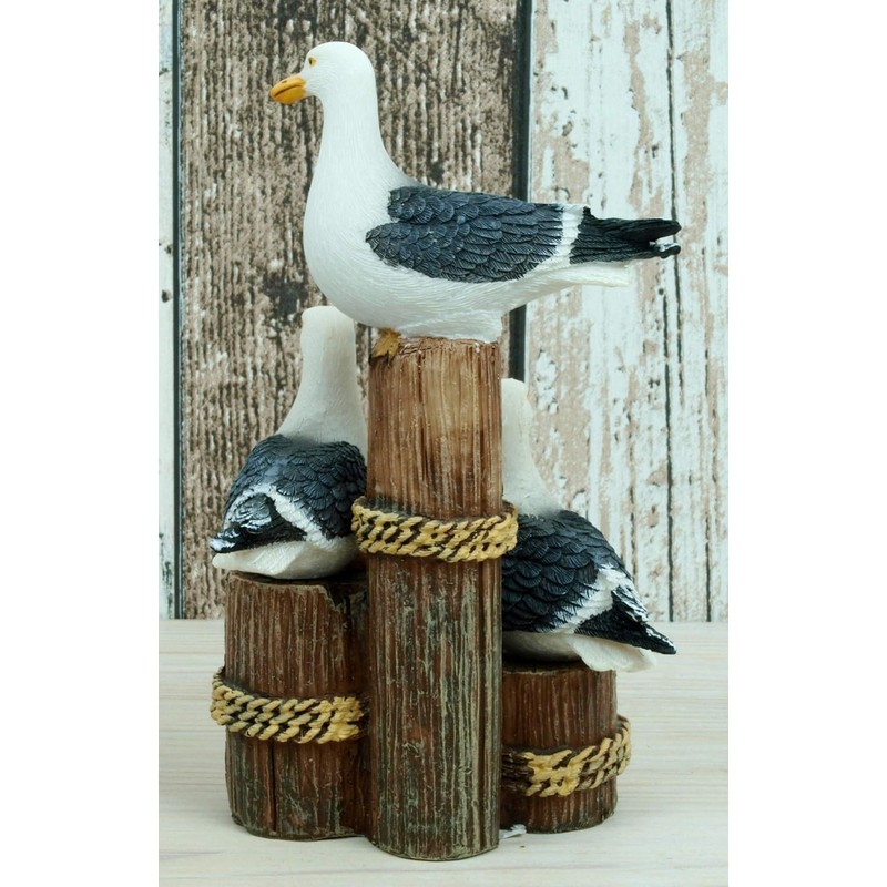 Generisch Maritime Decorative Figurine 3 Seagulls on Bollard, 15 x