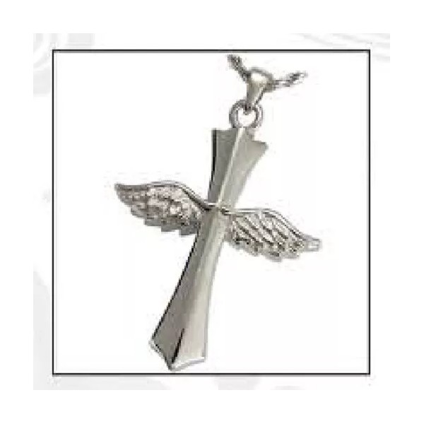 Winged Cross Stainless Steel Funeral Cremation Urn Pendant w/Chain for