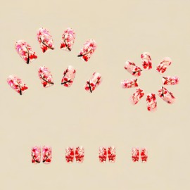 24Pcs Flower Press on Nails Medium Square Fake Nails Pink Full Cover Artificial Glue on Nails Spring Summer False Nails Reusable Nail Supplies Silver Glitter Stick on Nails for Women Girls Nails Kit