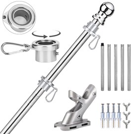 Aobrodzo Flag Poles for Outside House, 6 FT Flag Pole Kit with No-Tangle Aluminum Ring Clips and Holder Mounting Bracket, Heavy Duty Stainless Steel Flagpole for Boat Dock Deck Porch Sport (1 Pack)