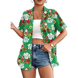 Christmas in July Shirt Women Christmas Hawaiian Shirts Kalikimaka Tee Hawaiian Button Up Shirt Beach Vacation Tops(Green,Large)