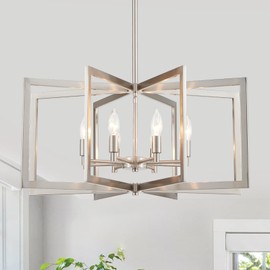 peskoe Brushed Nickel Chandelier 8-Light, 26" Large Dining Room Light Fixture Geometric Metal Modern Pendant Hanging Ceiling Lamp for Kitchen Island Living Room Entryway