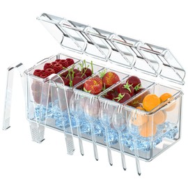 KOCASO Ice Chilled Condiment Caddy, Condiment Server with Ice Tray, 5 Compartment Container Chilled Bar Garnish Holder with 5 Removable Containers 5 Lids 2 Tongs 5 Sporks for Fruit, Salad