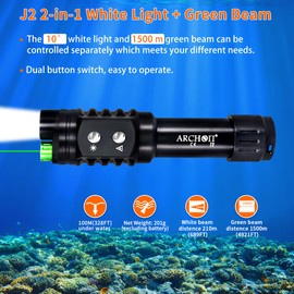 ARCHON J2 Diving Flashlight, 2-in-1 Scuba Dive Light with 1200 Lumens White Spotlight，1500 Meters Green Beam, Underwater 100 Meters Waterproof, Dual-Button Switch