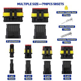 Boatsea 798Pcs Waterproof Wire Connectors,50 Kits Automotive Electrical Connectors Electrical Wire Connectors Plug Kit 1/2/3/4/5/6 Pin Waterproof Connector Weather Pack Connectors for 16-22 AWG Wires