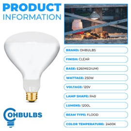 OhLectric Incandescent Light Bulb - Infrared Lights - Heat Reflector Light For Recessed Fixtures - Standard Shape, Medium Base Light Bulbs - Floodlight Bulbs For Wide Beam - 250 Watt, Clear - OL-45255