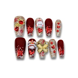 Yabonica 1000 Times Reusable Press On False Nails Square, Handmade Press on Nails Short 10 Pcs-Wear Comfortably (015, M)