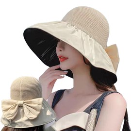 [Wdlife] UVカット帽子レディース 日焼け防止つば広ハット【紫外線対策・夏に向けの黒い遮光コーティングの設計】 折り畳み 収納袋付き リボン サイズ調節あご紐付き小顔 通気かわいい おしゃれ 春夏 旅行通勤 (ベージュ)