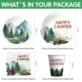APOWBLS Camping Party Decorations Dinnerware - Happy Camper Birthday Party Supplies Include Plate, Cup, Napkin, Tablecloth, Cutlery, Straw, Camping Theme Adventure Party Supplies Tableware | Serve 24