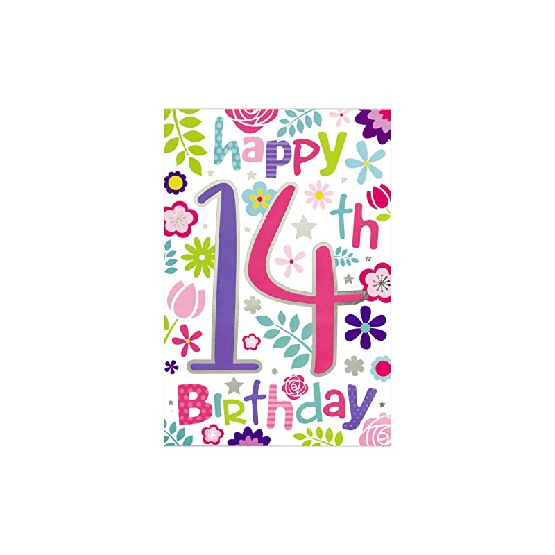 14th Birthday Card - Pink Lilac Number with Flowers and