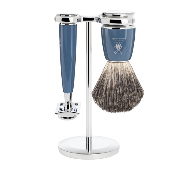 MÜHLE Rytmo Shaving Set - Safety Razor and Shaving Brush Pure Badger Hair, Holder, Stainless Resin Handle, Petrol Blue