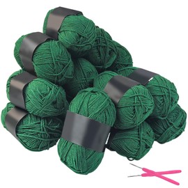 15 Packs Acrylic Yarn Balls with Crochet Hooks Plain Knitting Yarn Made of 100% Polyacrylic 50 g/132 m Green