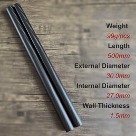 2pcs 30mm Carbon Fiber Tube 30mmx27mmx500mm,1.5MM Wall Thickness 500MM Length,3K roll Wrapped Twill Matte Finish