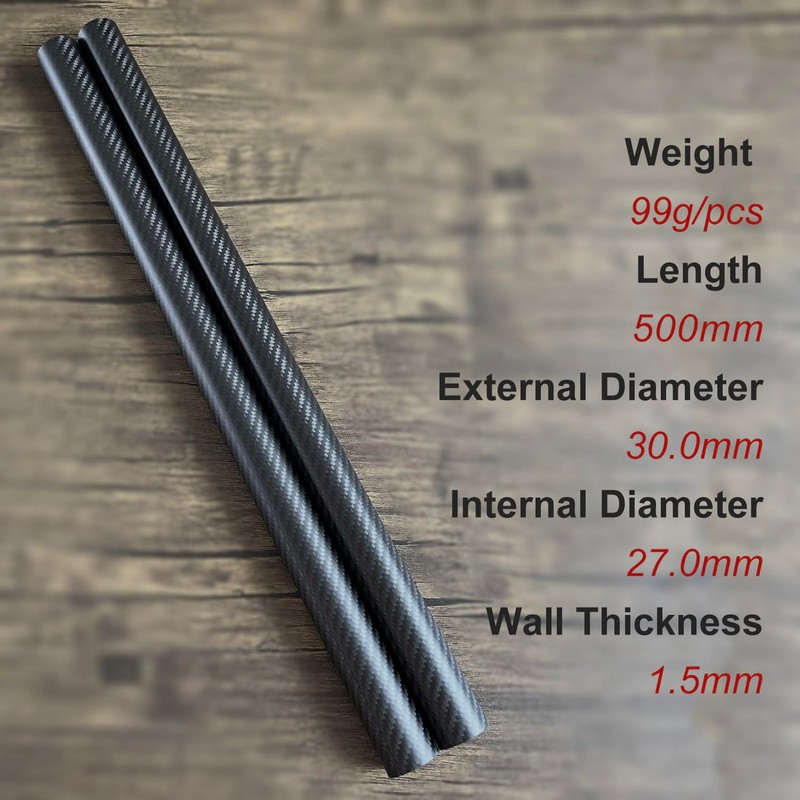 2pcs 30mm Carbon Fiber Tube 30mmx27mmx500mm,1.5MM Wall Thickness 500MM Length,3K