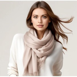 LA FERANI Women's Cashmere Scarf Autumn Winter 185 x 65 cm Cashmere Scarf White Black Pashmina Stylish Elegant Wool Scarf Wool Plain Colour Women's Scarf, beige