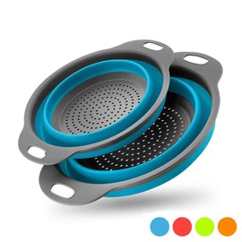 ALLIE ZENG Large and Small Collapsible Colander Folding Strainer Kitchen Strainer for Draining Pasta Vegetable Fruit, 2 Pieces, Blue Round