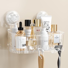 Luxear Shower Caddy, Suction Shower Caddy with Razor Hooks, Clear Shower Shelf No Drill, Waterproof&Reusable Shower Organizer Load Bearing 22 LBS,Bathroom Shower Storage for Kitchen Dorm