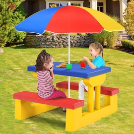 Costzon Kids Picnic Table, Kids Outdoor Table and Chair Sets with Removable Umbrella, Toddler Outdoor Furniture for Backyard, Garden, Patio (Colorful)