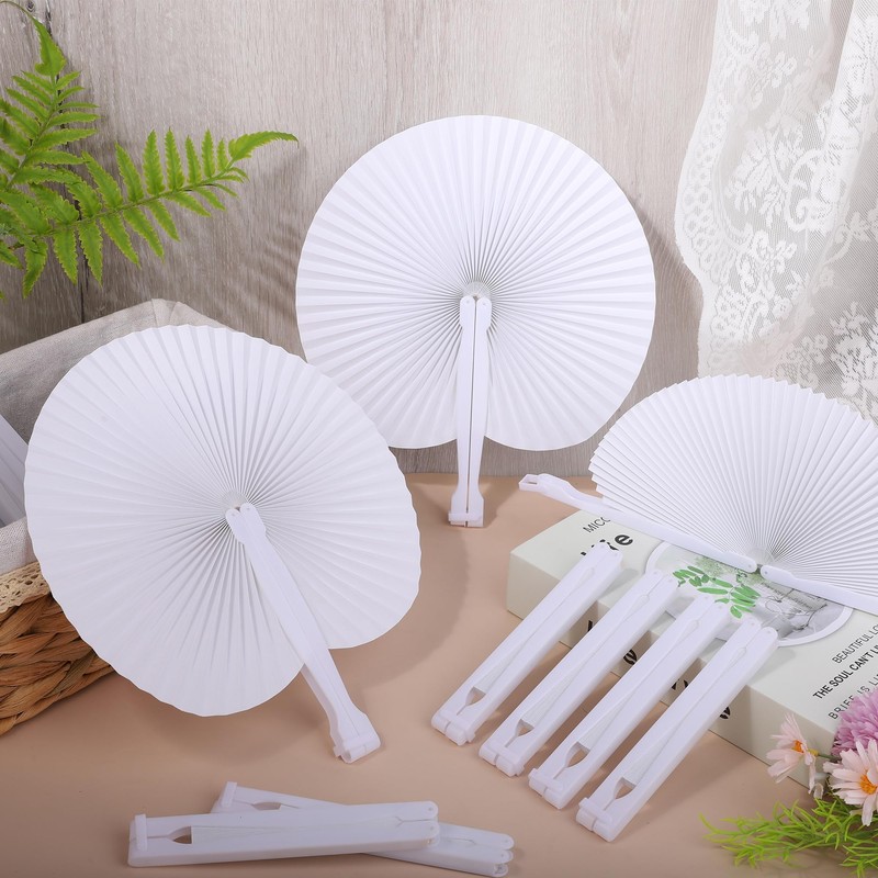 Aneco 120 Pieces Round Paper Folding Fans, White Foldable Handheld